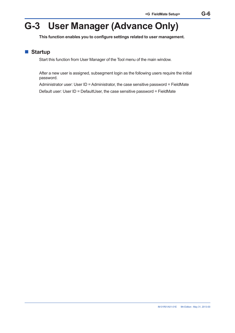 G-3 user manager (advance only), Startup | Yokogawa FieldMate User Manual | Page 231 / 384