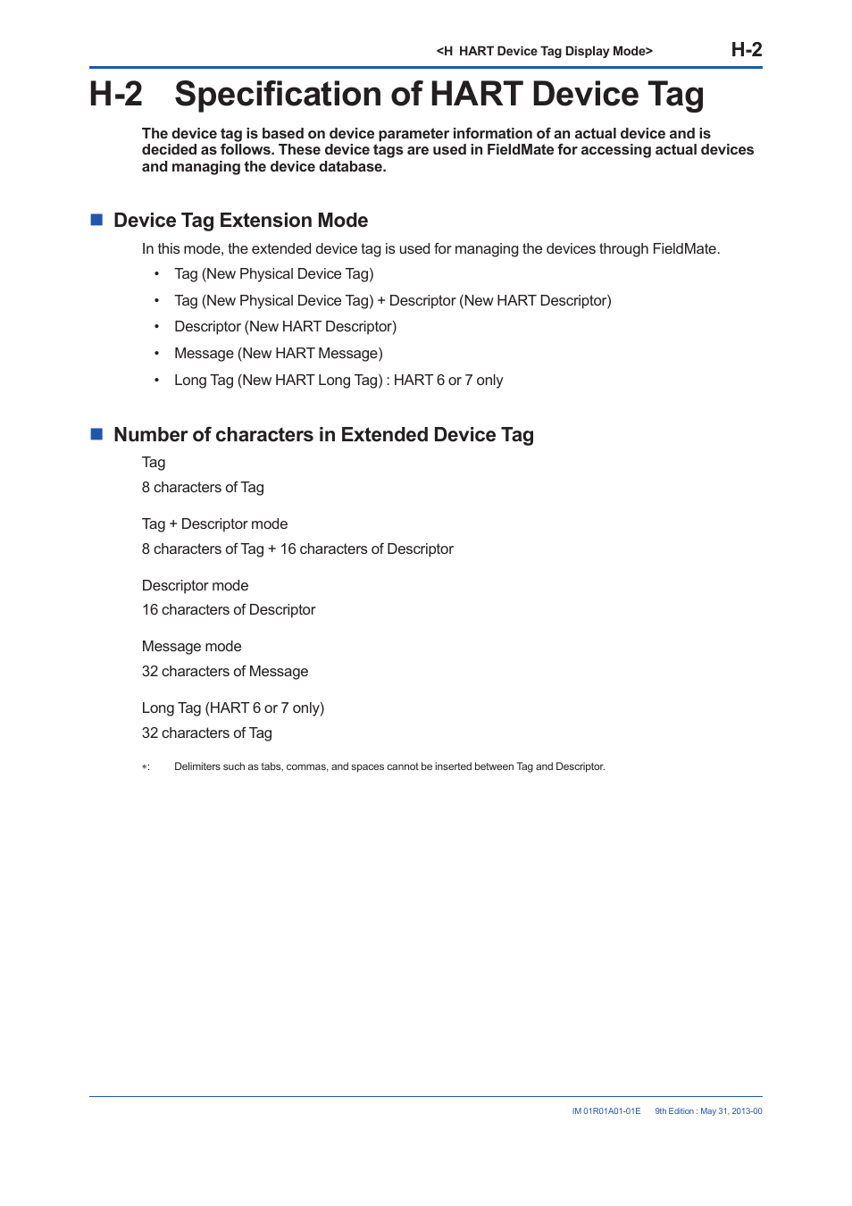 H-2 specification of hart device tag, Device tag extension mode, Number of characters in extended device tag | Yokogawa FieldMate User Manual | Page 236 / 384
