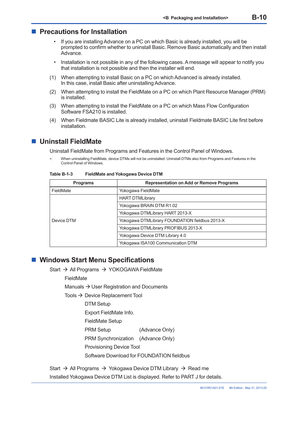 B-10, Precautions for installation, Uninstall fieldmate | Windows start menu specifications | Yokogawa FieldMate User Manual | Page 24 / 384