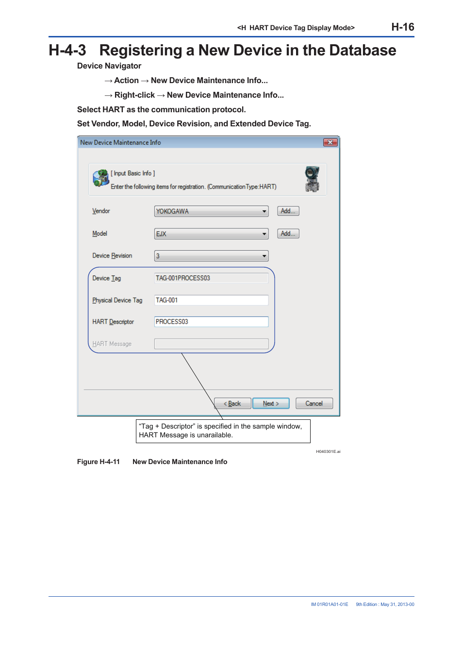 H-4-3 registering a new device in the database, H-16 | Yokogawa FieldMate User Manual | Page 250 / 384