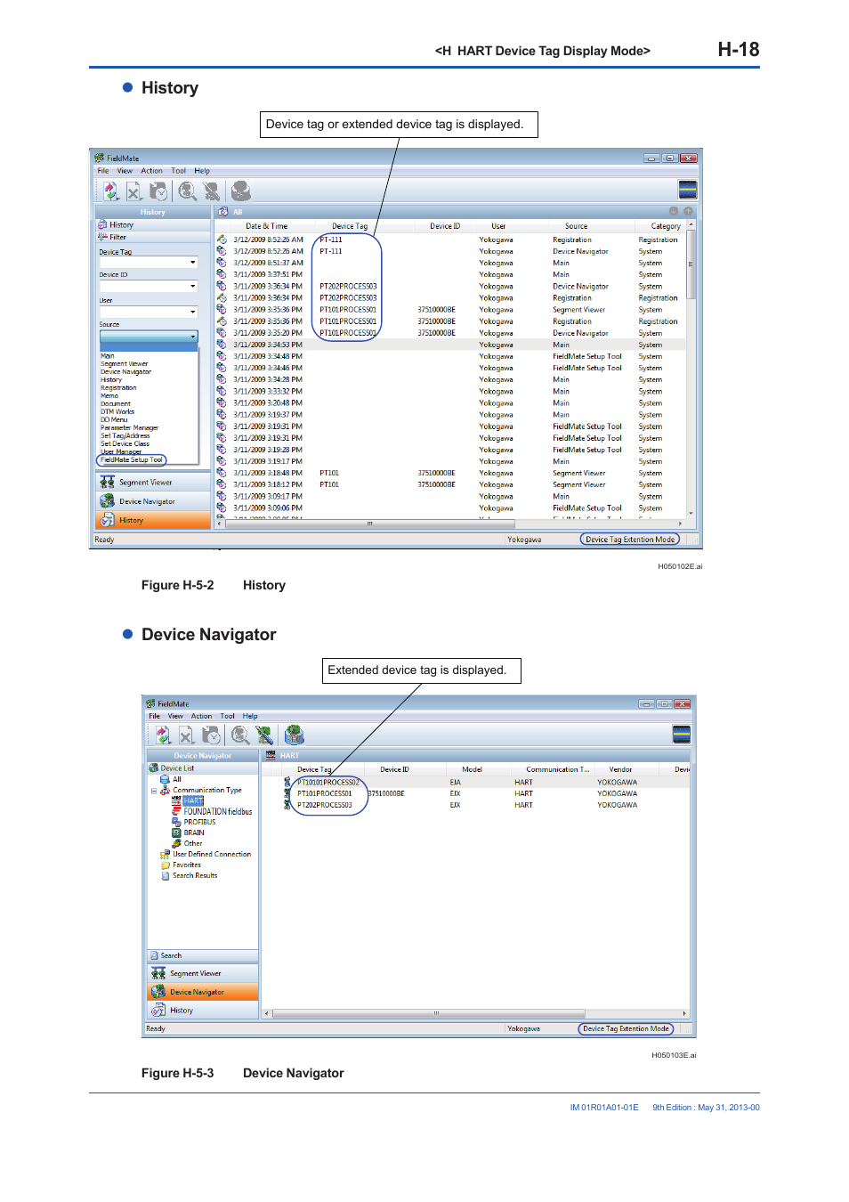 H-18, History, Device navigator | Yokogawa FieldMate User Manual | Page 252 / 384