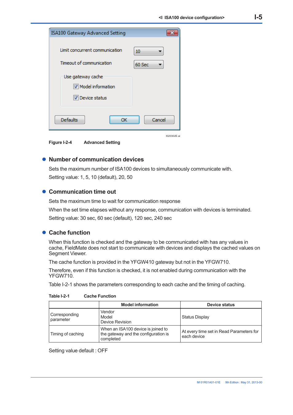 Number of communication devices, Communication time out, Cache function | Yokogawa FieldMate User Manual | Page 259 / 384