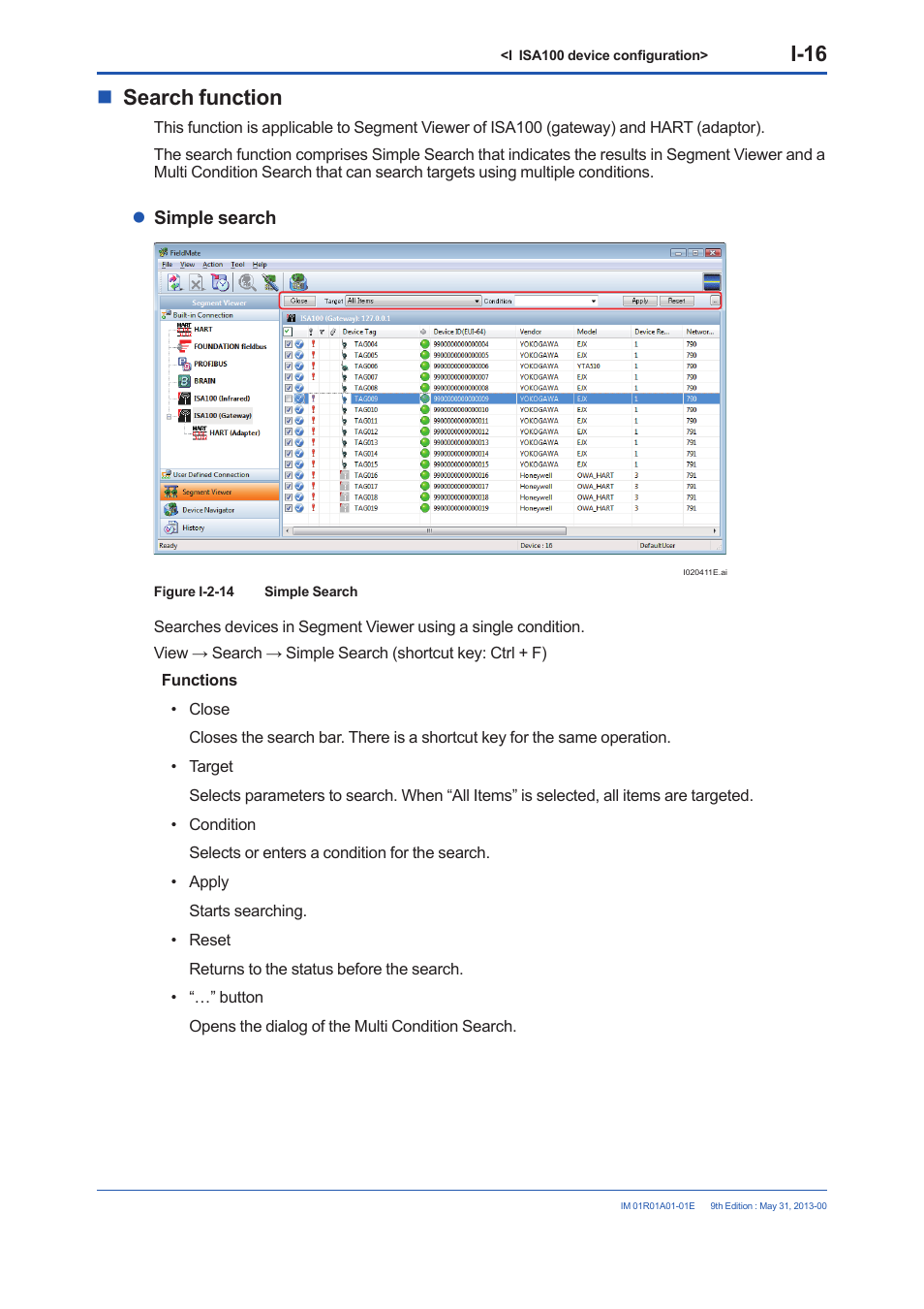 I-16, Search function, Simple search | Yokogawa FieldMate User Manual | Page 270 / 384