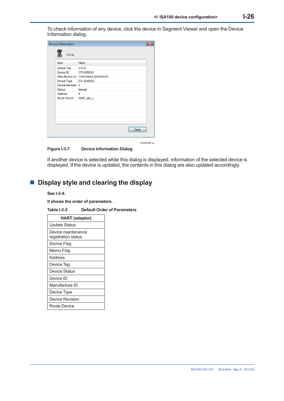 I-26, Display style and clearing the display | Yokogawa FieldMate User Manual | Page 280 / 384