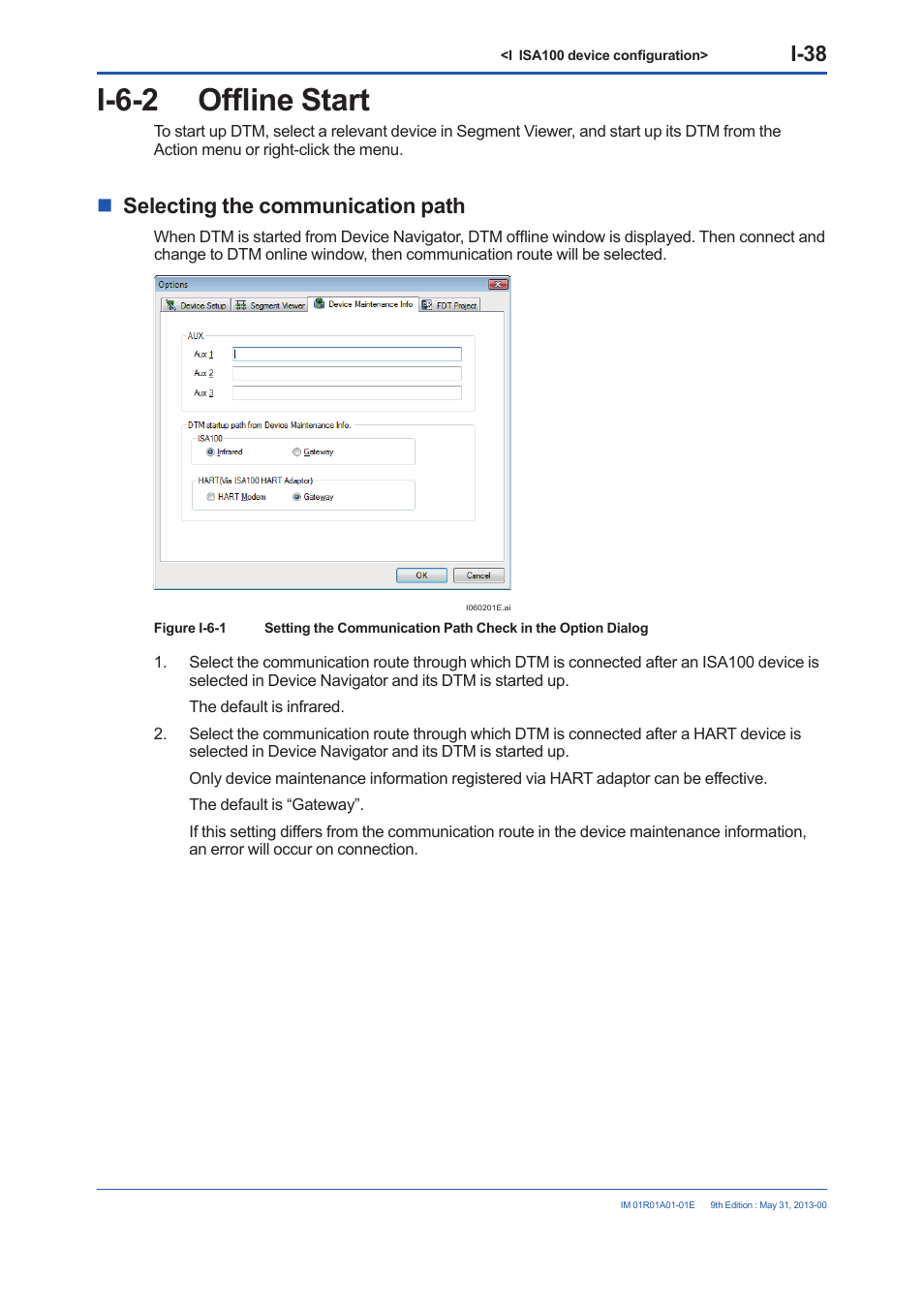 I-6-2 offline start, I-6-2, I-38 | Selecting the communication path | Yokogawa FieldMate User Manual | Page 292 / 384