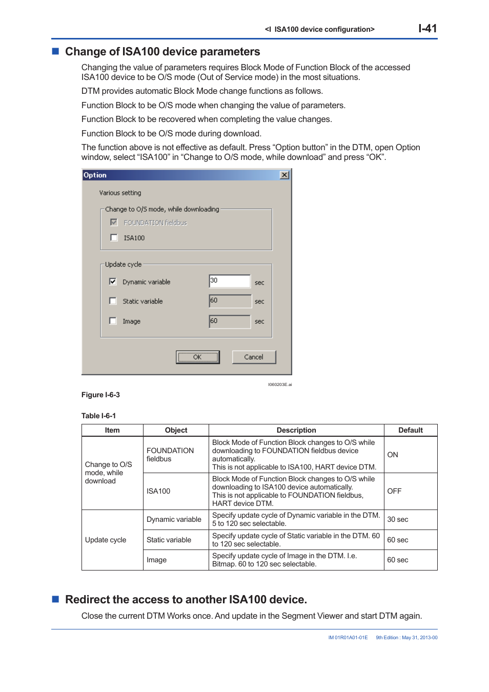 I-41, Change of isa100 device parameters, Redirect the access to another isa100 device | Yokogawa FieldMate User Manual | Page 295 / 384