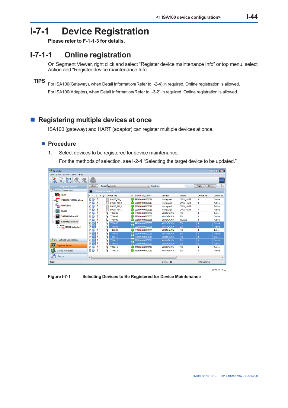 I-7-1 device registration, I-7-1-1 online registration, I-7-1 | I-44, Registering multiple devices at once | Yokogawa FieldMate User Manual | Page 298 / 384
