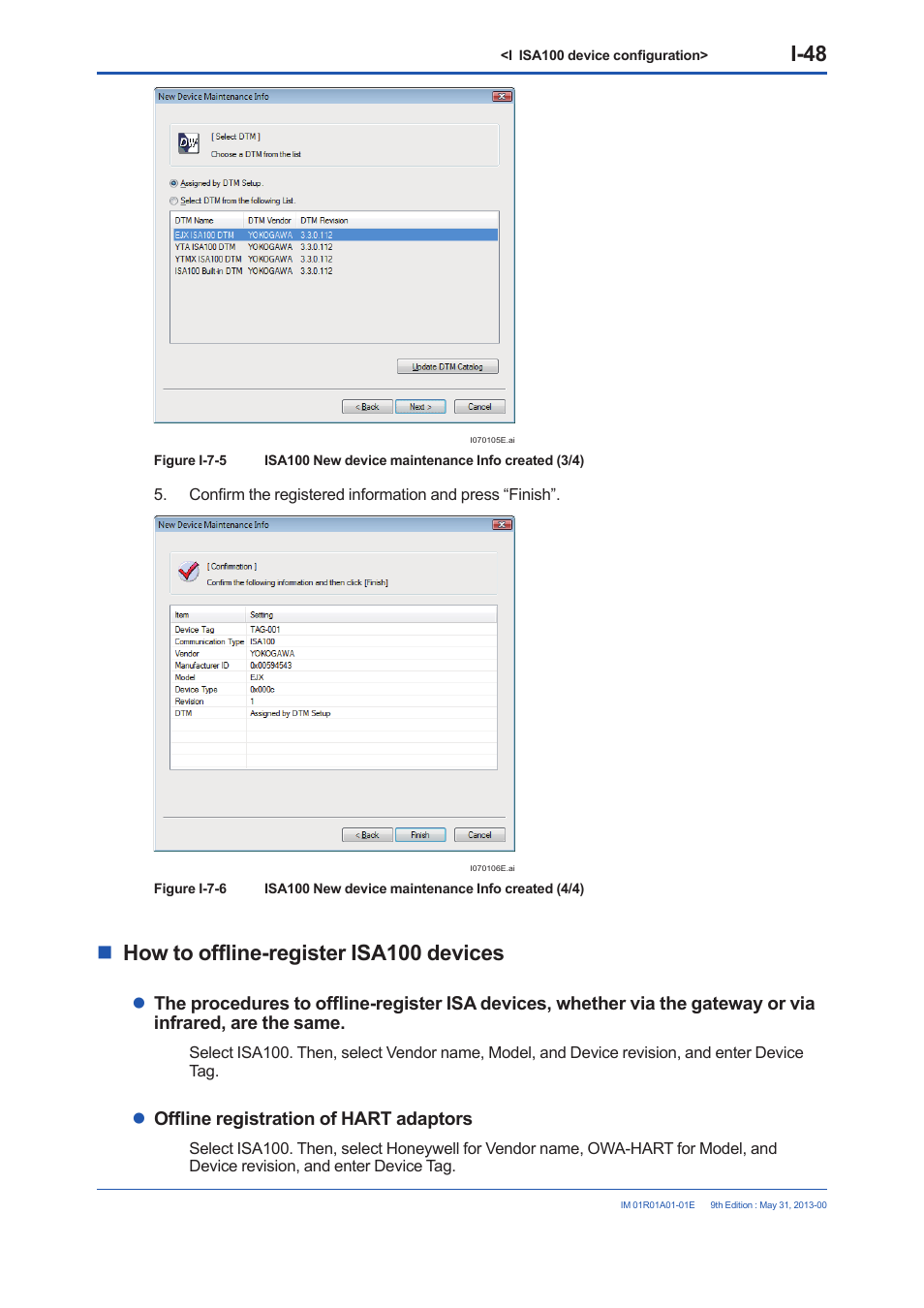 I-48, How to offline-register isa100 devices, Offline registration of hart adaptors | Yokogawa FieldMate User Manual | Page 302 / 384