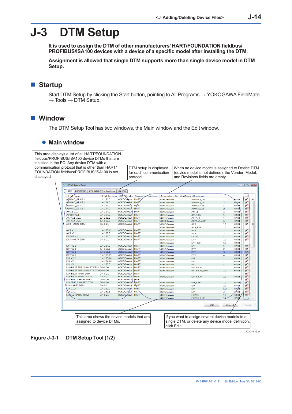 J-3 dtm setup, J-14, Startup | Window, Main window | Yokogawa FieldMate User Manual | Page 319 / 384