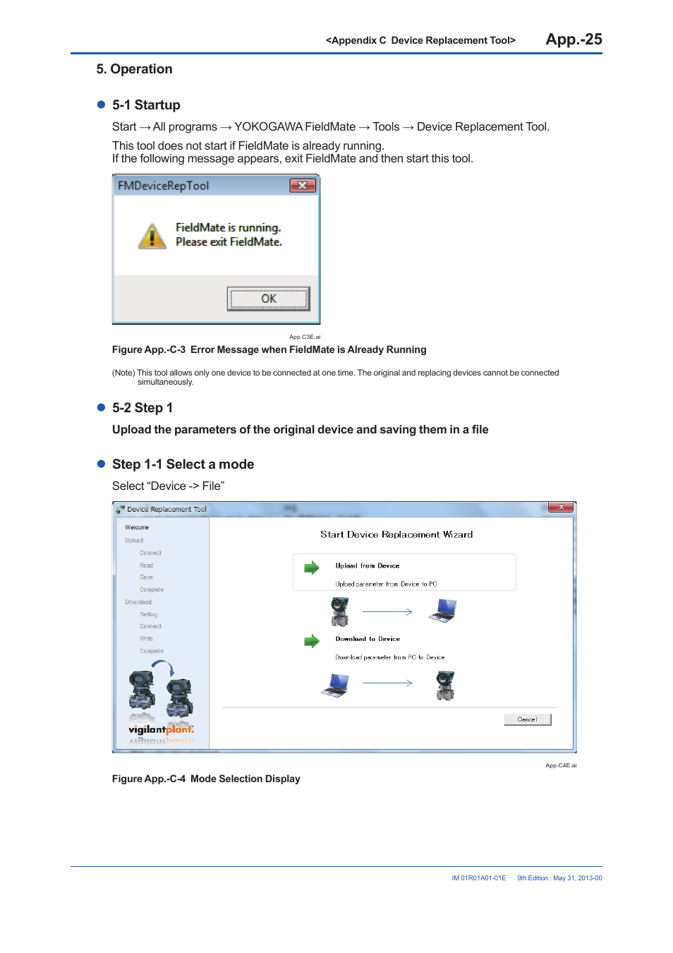Operation  5-1 startup, 2 step 1, Step 1-1 select a mode | Yokogawa FieldMate User Manual | Page 346 / 384