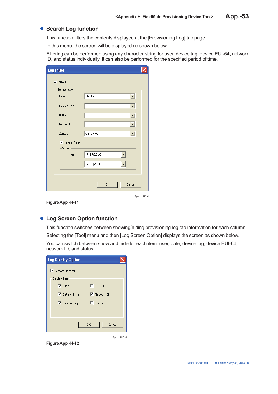 Search log function, Log screen option function | Yokogawa FieldMate User Manual | Page 374 / 384