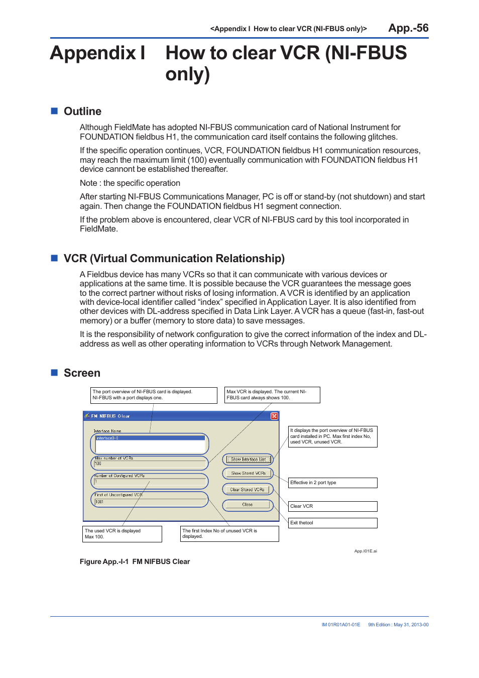 Appendix i how to clear vcr (ni-fbus only), Outline, Vcr (virtual communication relationship) | Screen | Yokogawa FieldMate User Manual | Page 377 / 384