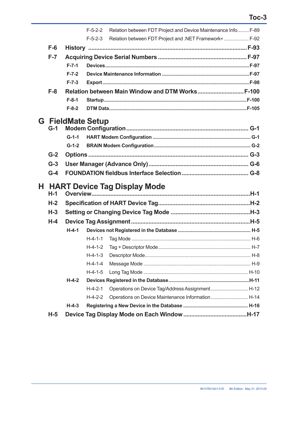 G fieldmate setup, H hart device tag display mode, Toc-3 | Yokogawa FieldMate User Manual | Page 4 / 384