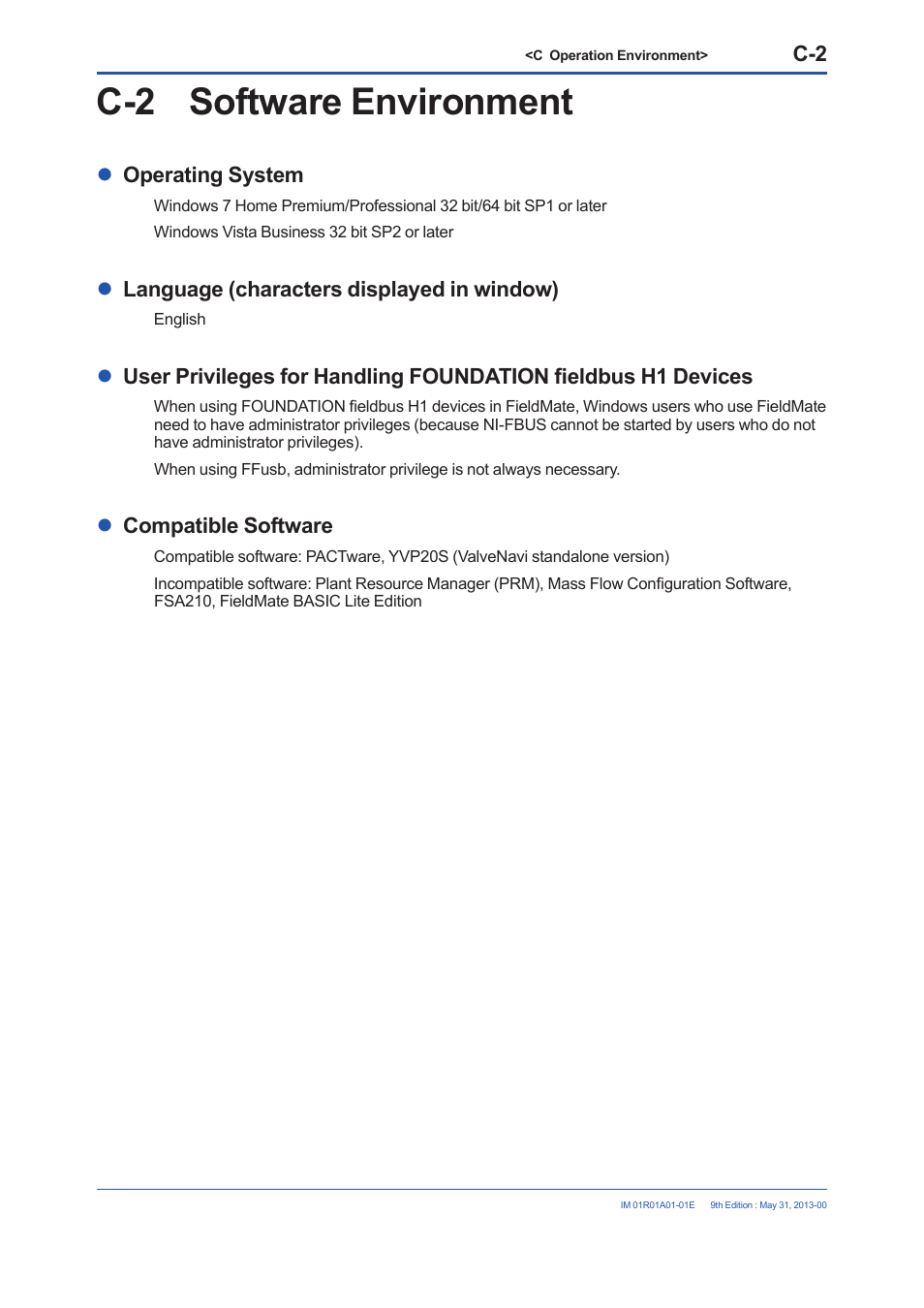 C-2 software environment, Operating system, Language (characters displayed in window) | Compatible software | Yokogawa FieldMate User Manual | Page 41 / 384