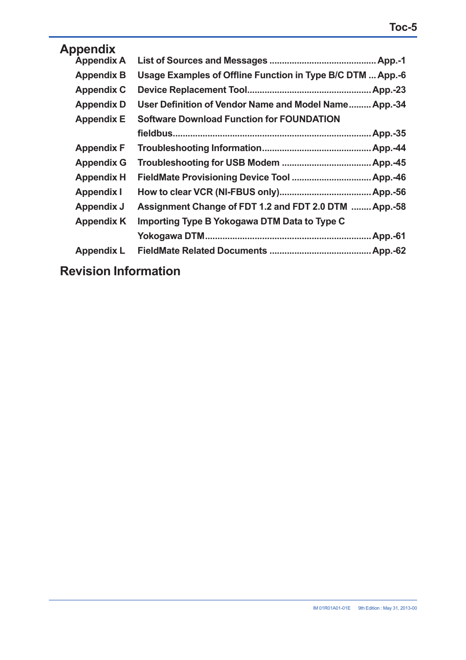 Appendix, Revision information, Toc-5 | Yokogawa FieldMate User Manual | Page 6 / 384