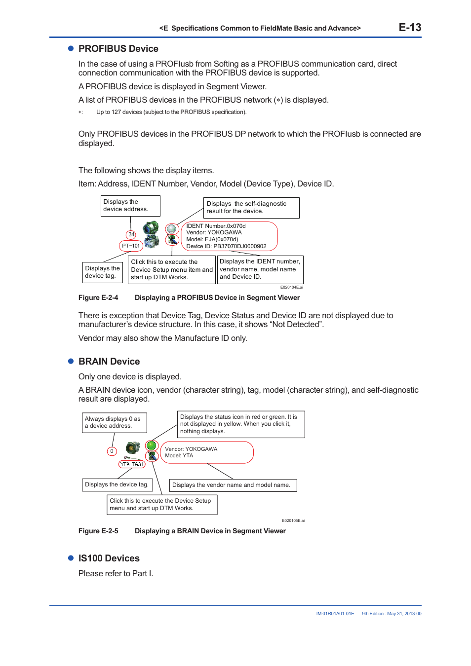E-13, Profibus device, Brain device | Is100 devices | Yokogawa FieldMate User Manual | Page 63 / 384