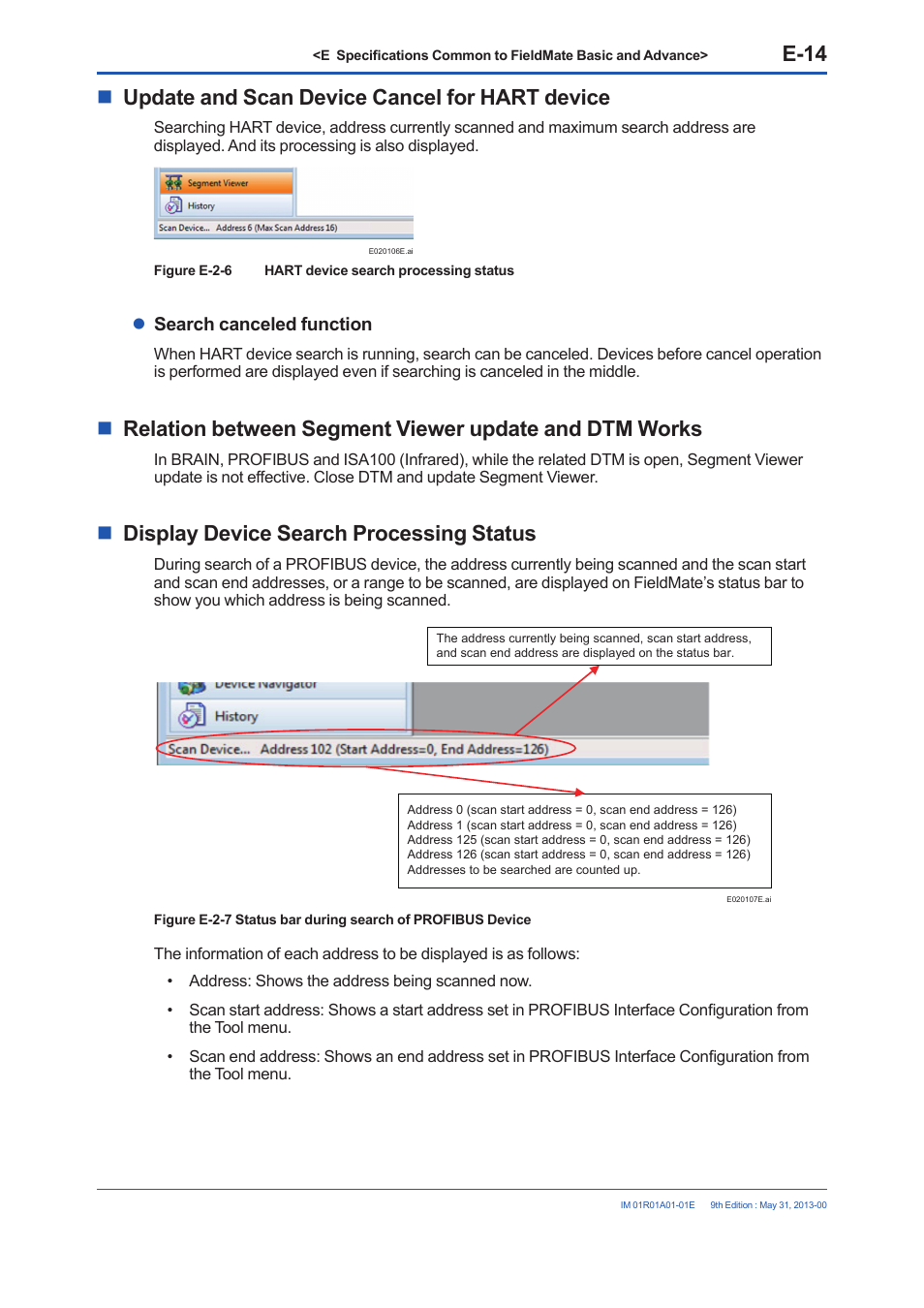 E-14, Update and scan device cancel for hart device, Display device search processing status | Search canceled function | Yokogawa FieldMate User Manual | Page 64 / 384