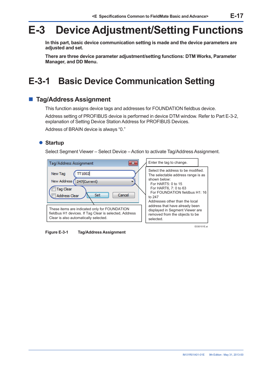 E-3 device adjustment/setting functions, E-3-1 basic device communication setting, E-17 | Tag/address assignment, Startup | Yokogawa FieldMate User Manual | Page 67 / 384
