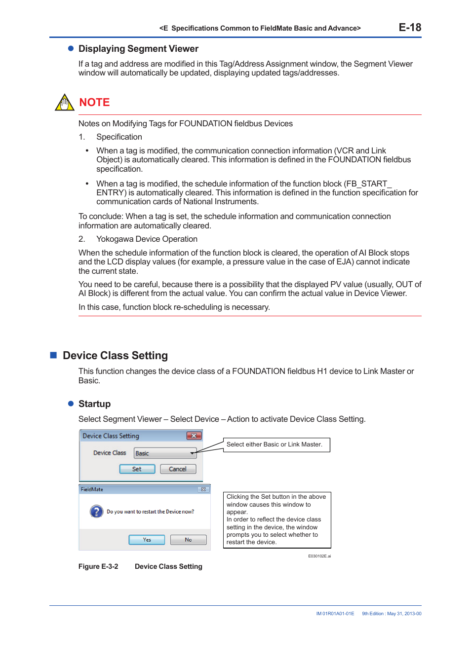 E-18, Device class setting, Displaying segment viewer | Startup | Yokogawa FieldMate User Manual | Page 68 / 384
