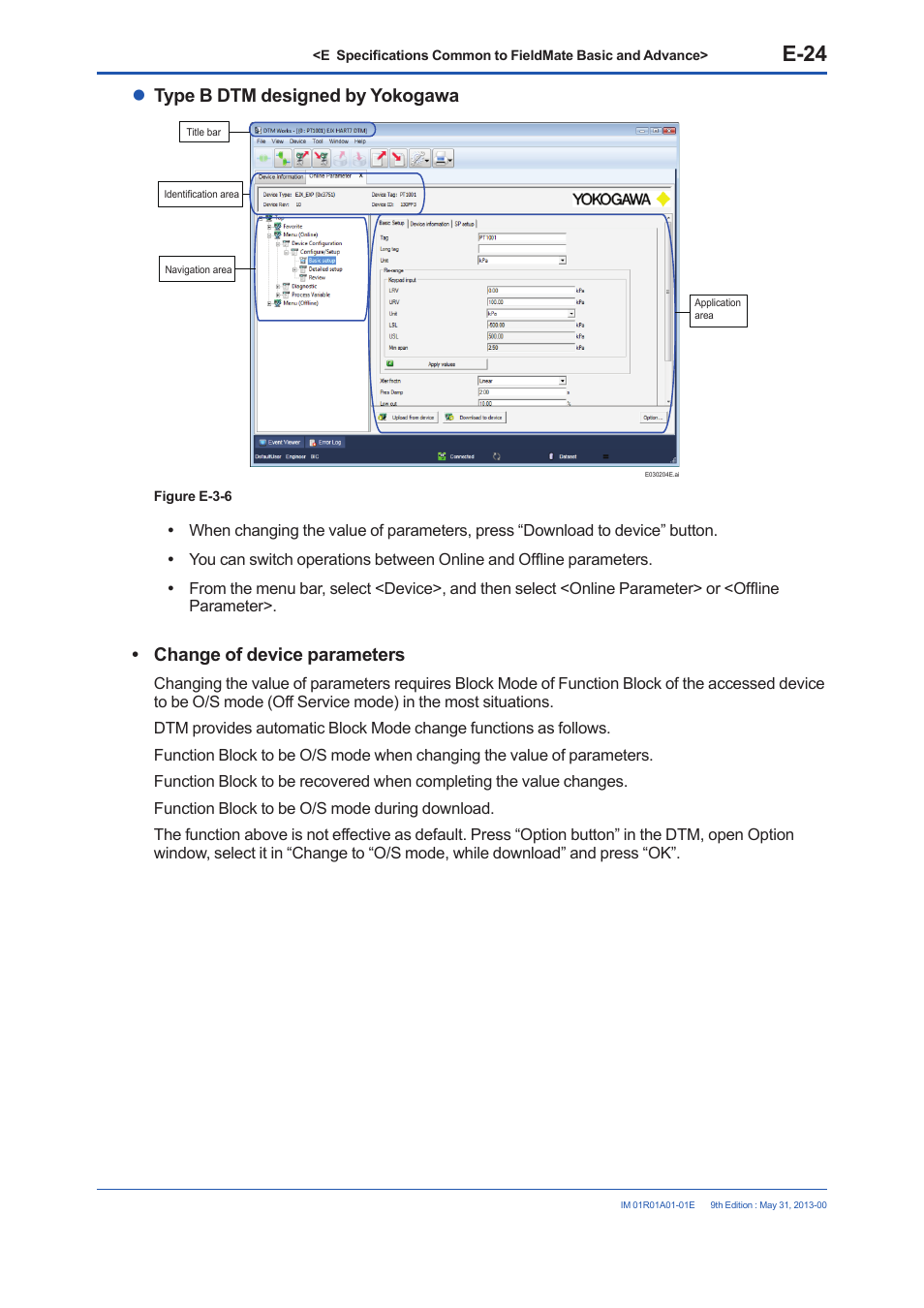 E-24, Type b dtm designed by yokogawa, Change of device parameters | Yokogawa FieldMate User Manual | Page 74 / 384