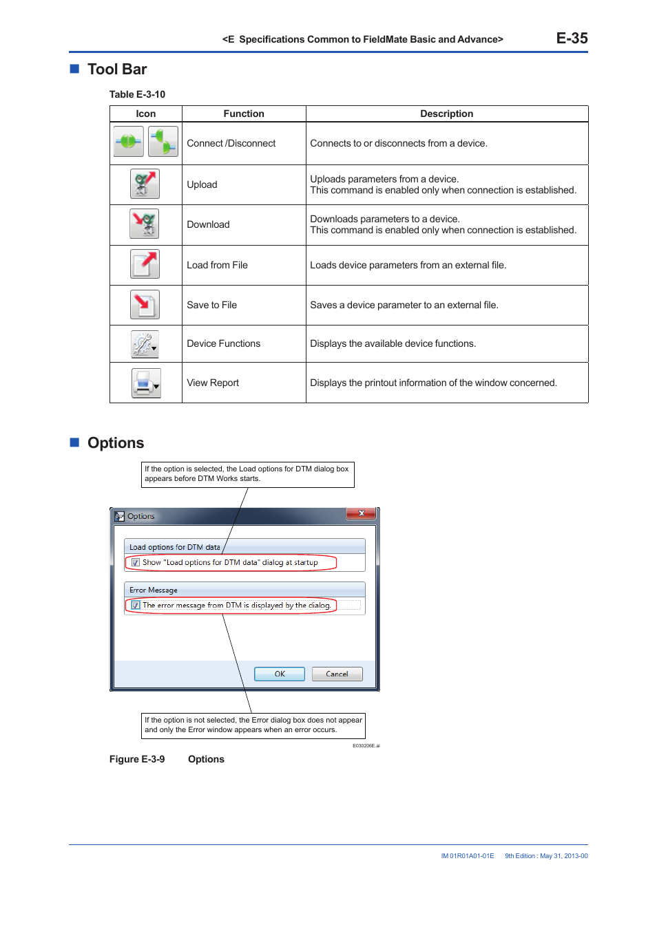 E-35, Tool bar, Options | Yokogawa FieldMate User Manual | Page 85 / 384