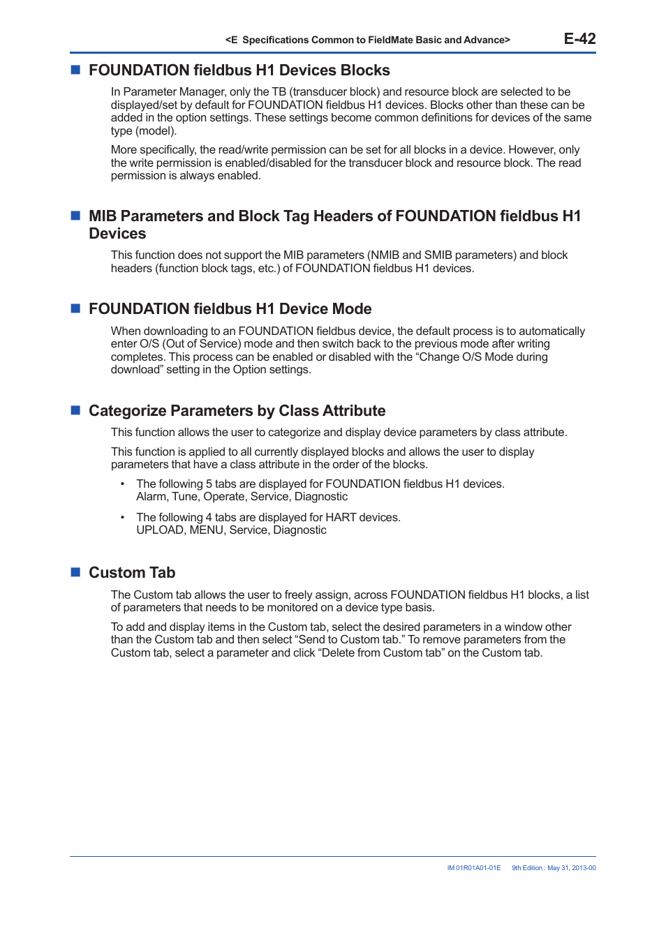 E-42, Foundation fieldbus h1 devices blocks, Foundation fieldbus h1 device mode | Categorize parameters by class attribute, Custom tab | Yokogawa FieldMate User Manual | Page 92 / 384