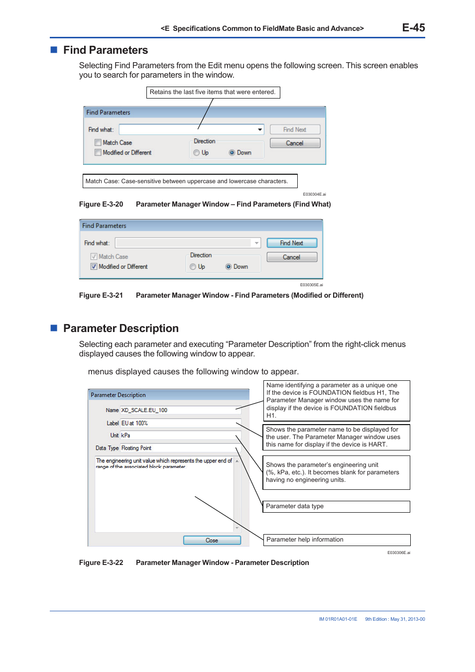 E-45, Find parameters, Parameter description | Yokogawa FieldMate User Manual | Page 95 / 384