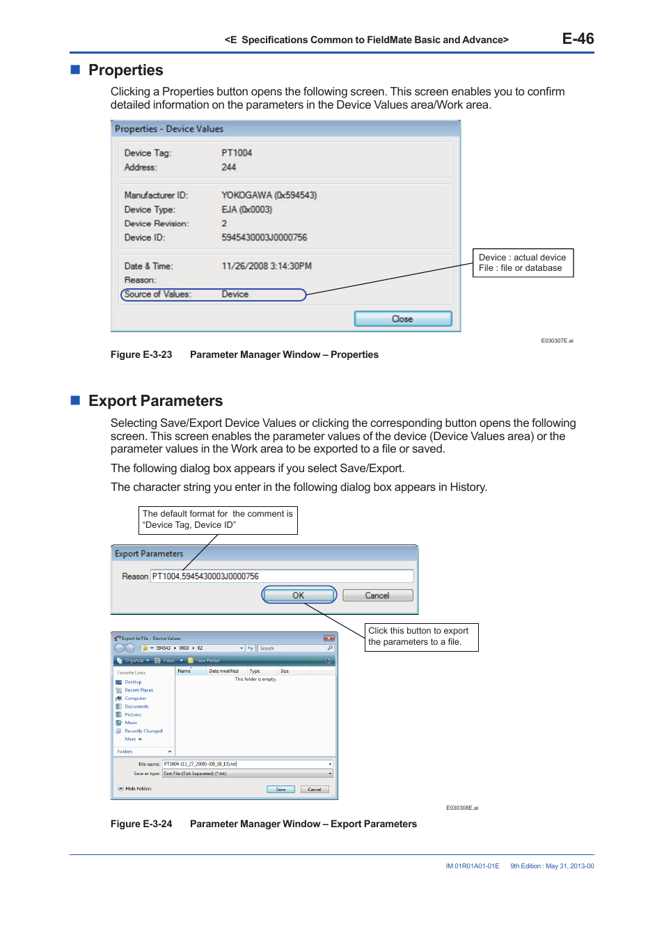 E-46, Properties, Export parameters | Yokogawa FieldMate User Manual | Page 96 / 384