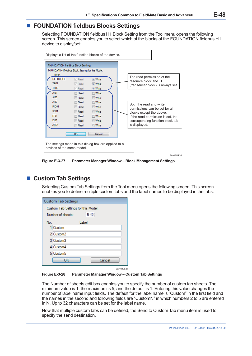 E-48, Foundation fieldbus blocks settings, Custom tab settings | Yokogawa FieldMate User Manual | Page 98 / 384