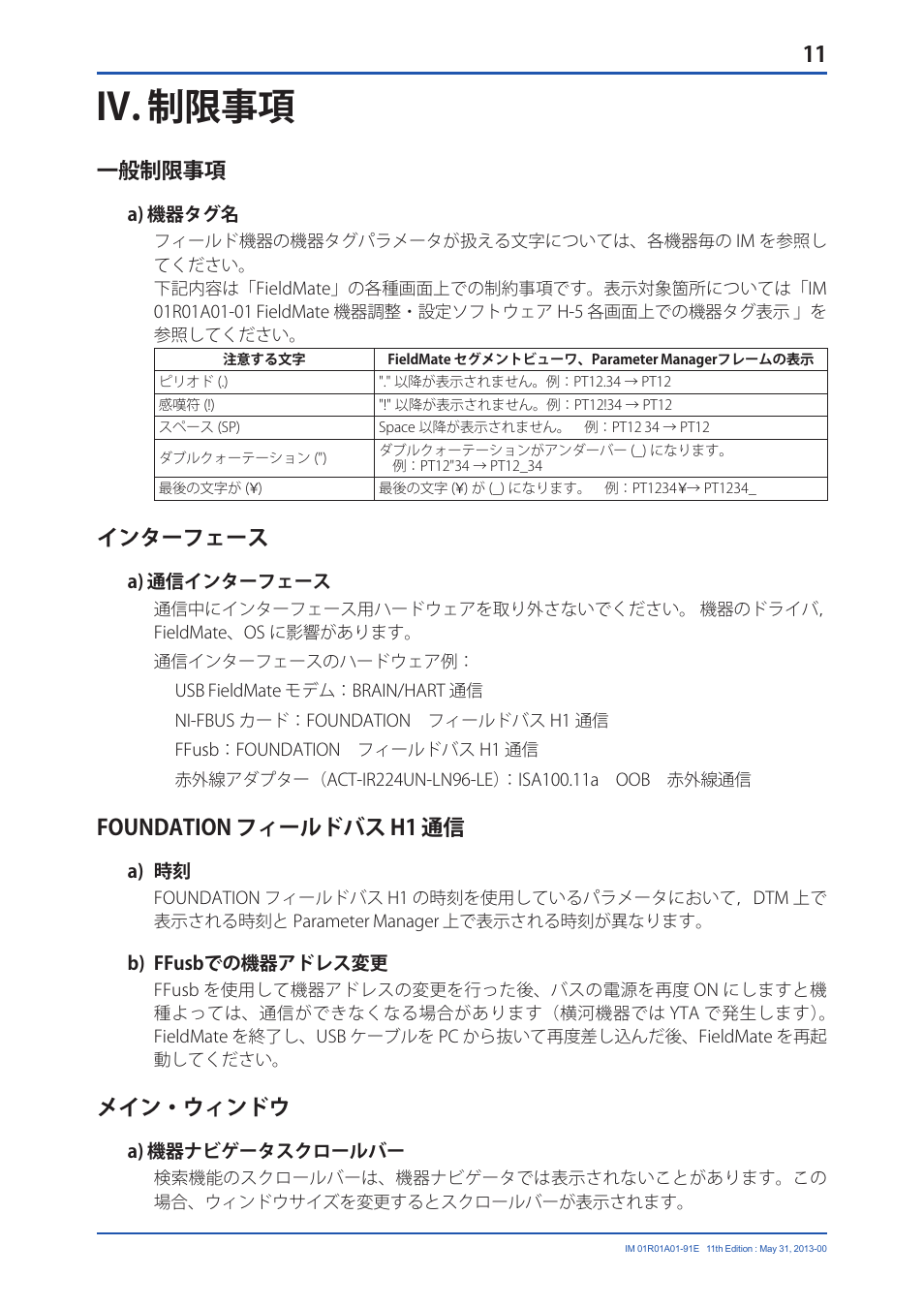 Iv. 制限事項, 一般制限事項, インターフェース | Foundation フィールドバス h1 通信, メイン・ウィンドウ | Yokogawa FieldMate User Manual | Page 12 / 15