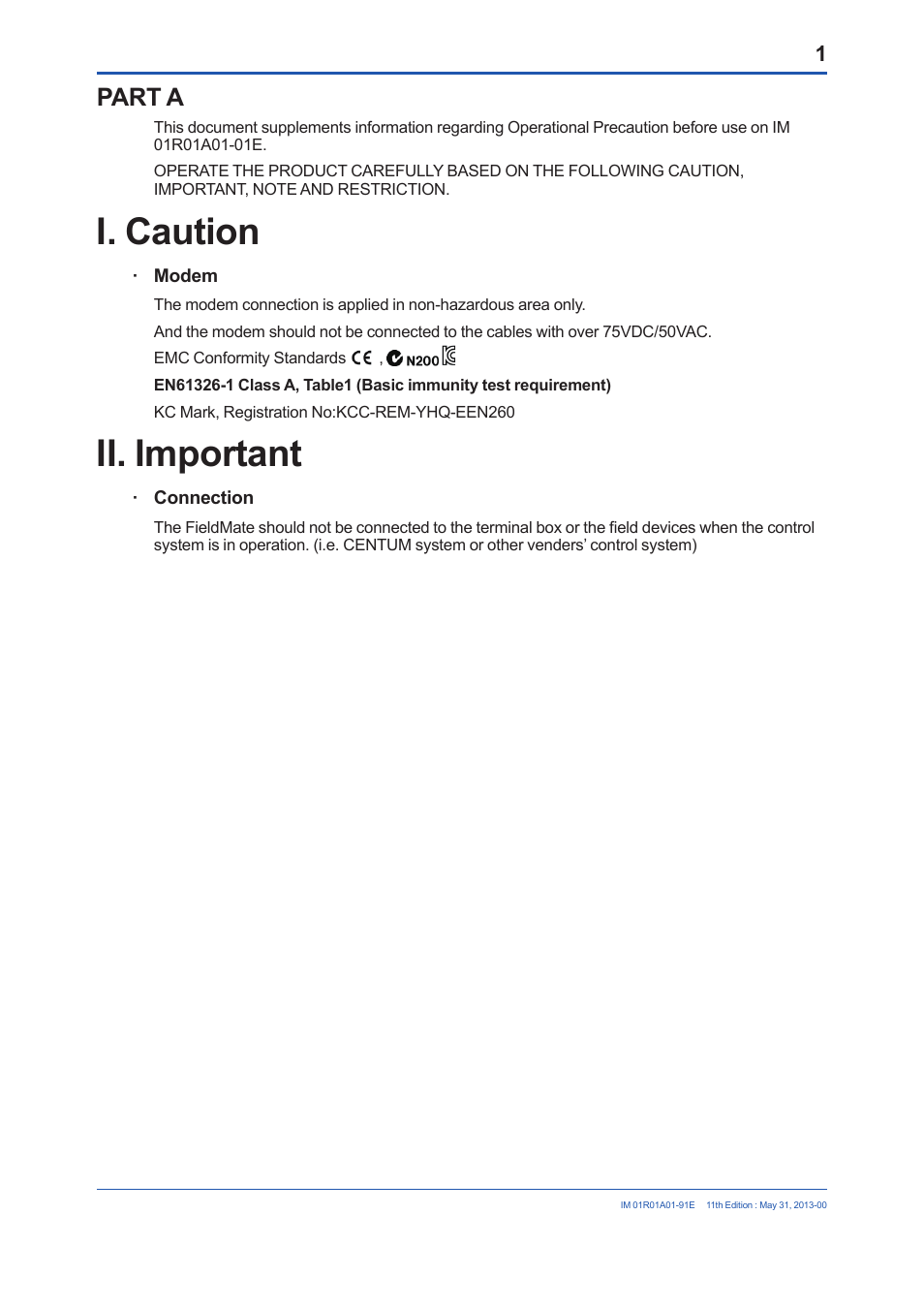 I. caution, Ii. important, Part a | Yokogawa FieldMate User Manual | Page 2 / 15