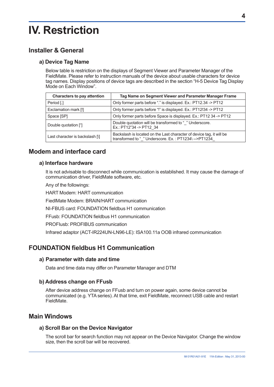 Iv. restriction, Installer & general, Modem and interface card | Foundation fieldbus h1 communication, Main windows | Yokogawa FieldMate User Manual | Page 5 / 15