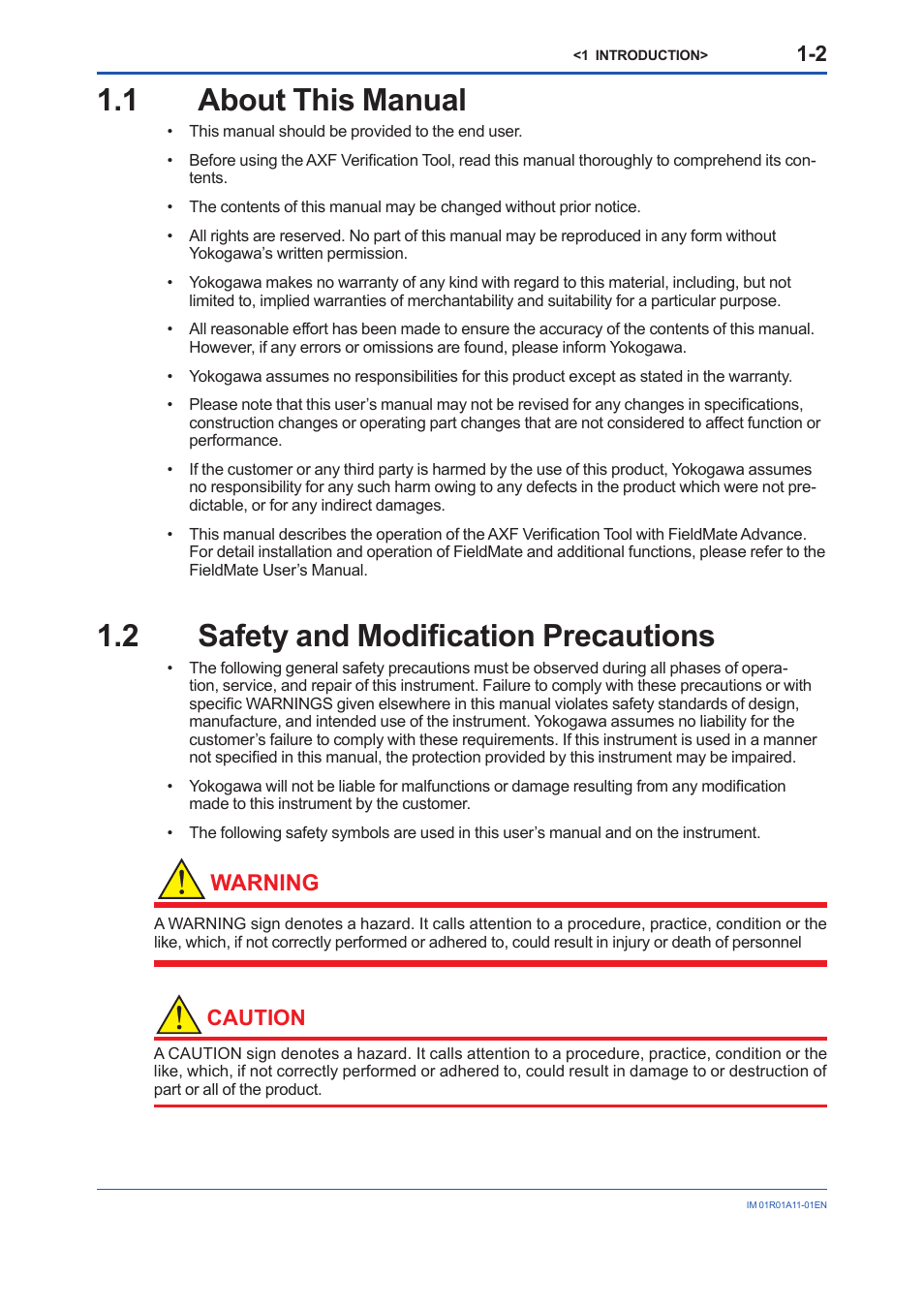 1 about this manual, 2 safety and modification precautions, About this manual -2 | Safety and modification precautions -2, Warning, Caution | Yokogawa FieldMate User Manual | Page 6 / 84