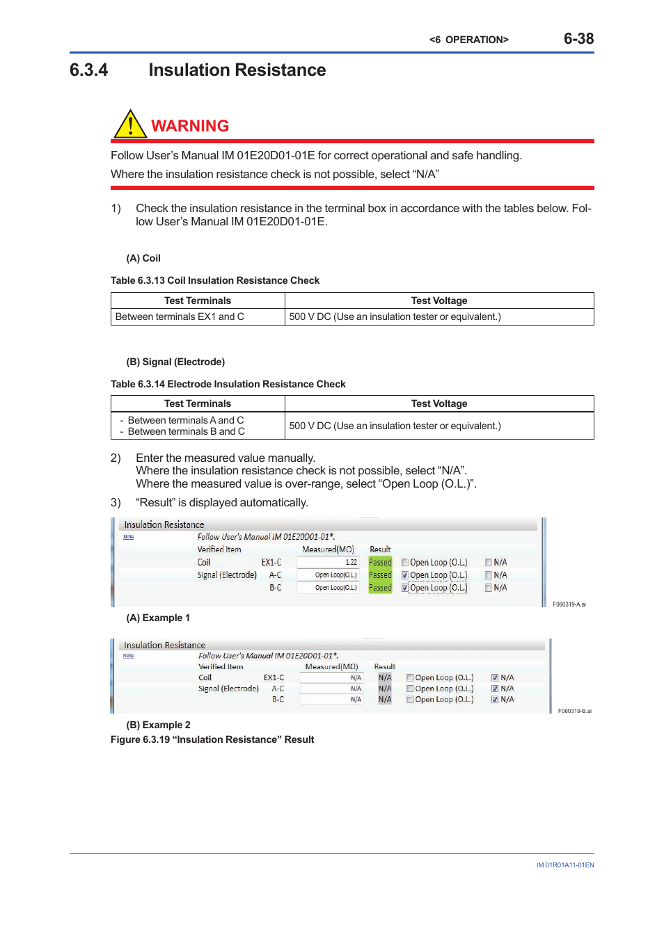 4 insulation resistance, Insulation resistance -38, Warning | Yokogawa FieldMate User Manual | Page 70 / 84