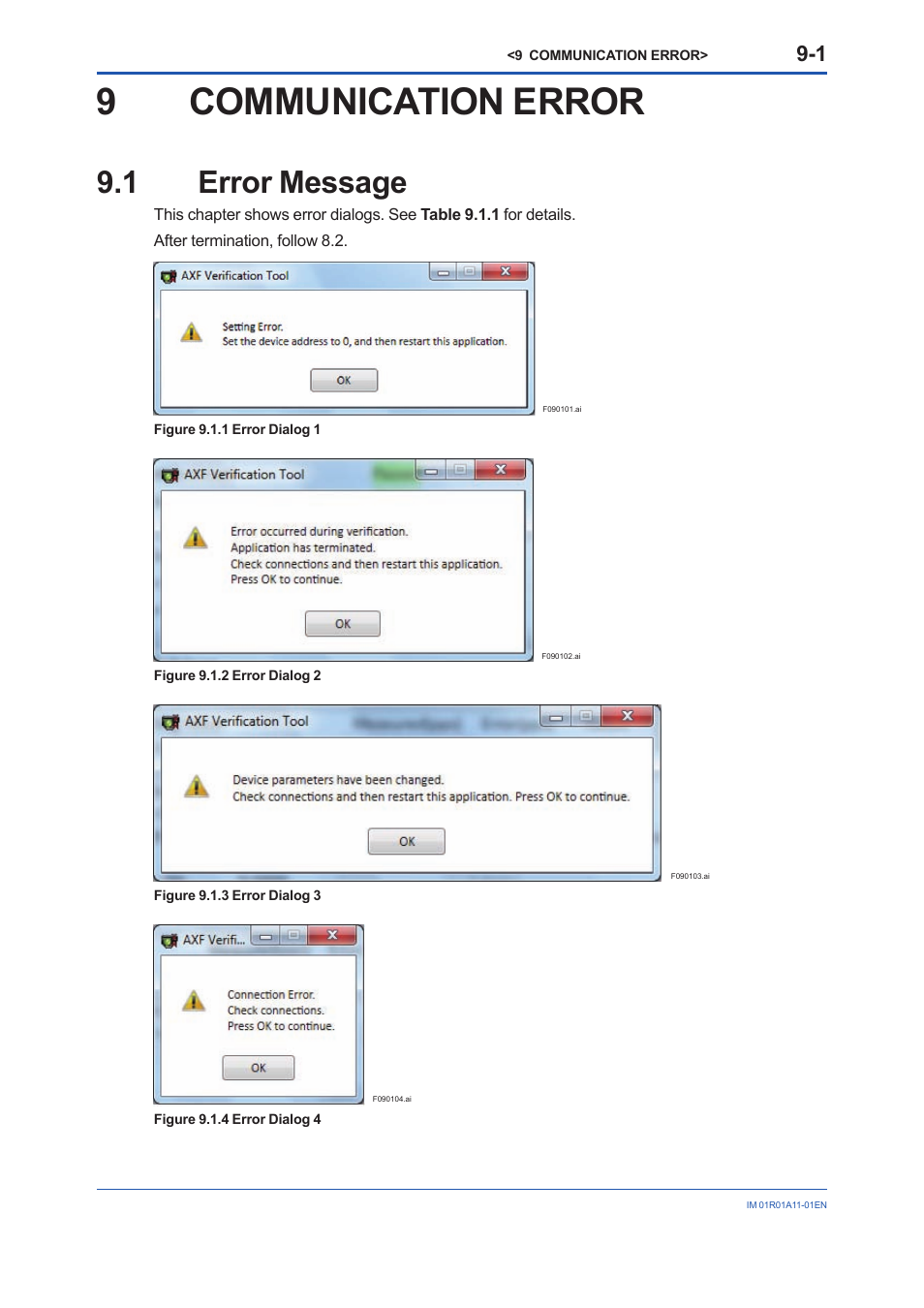 9 communication error, 1 error message, Communication error -1 | Error message -1, 9communication error | Yokogawa FieldMate User Manual | Page 79 / 84