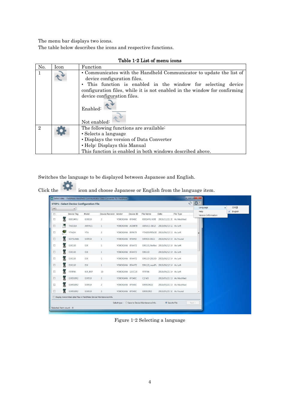 List of menus, Selecting the language | Yokogawa HART Communicator YHC5150X User Manual | Page 4 / 19
