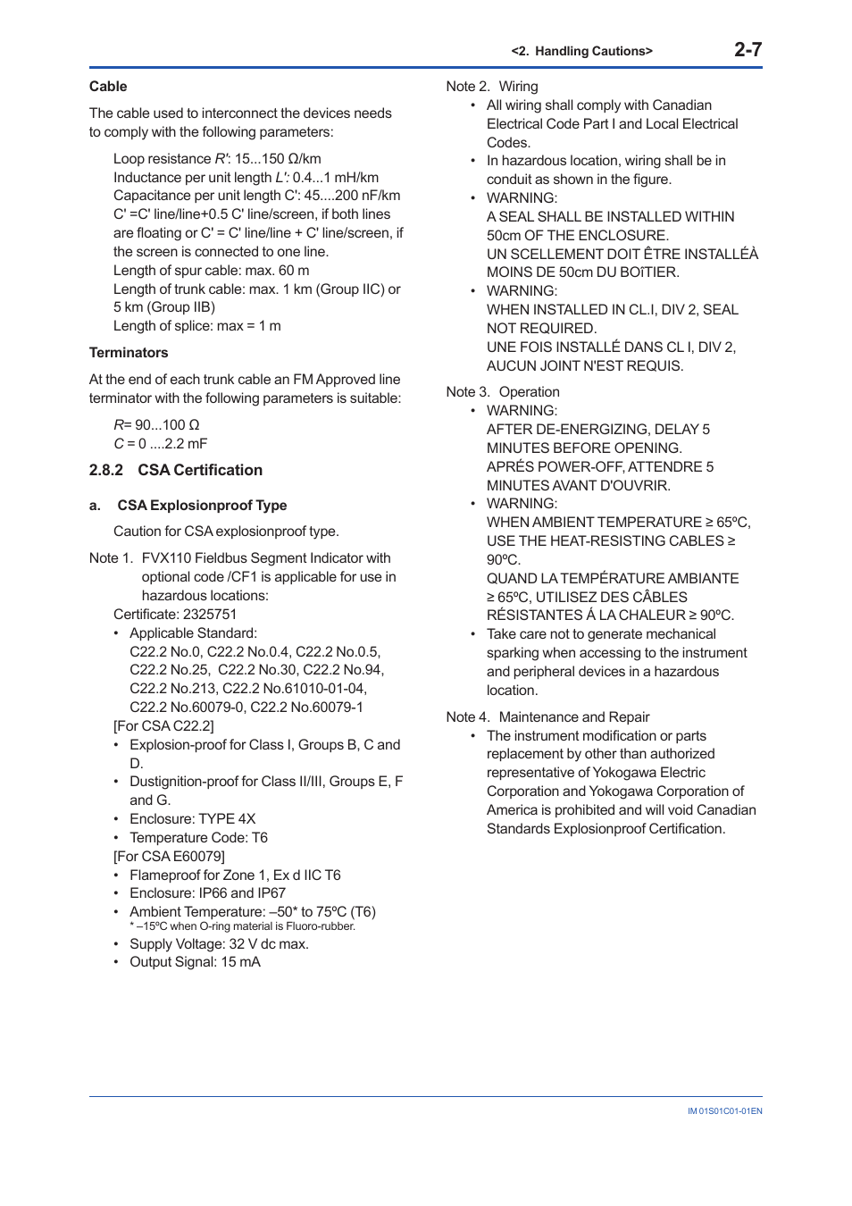 2 csa certification, Csa certification -7 | Yokogawa FVX110 User Manual | Page 17 / 164
