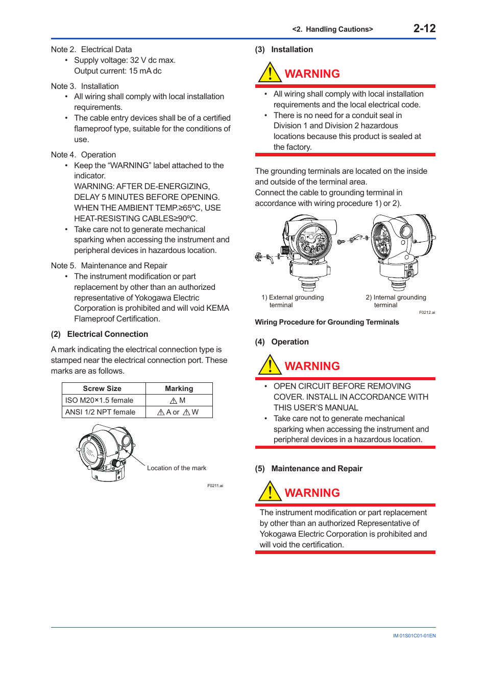 Warning | Yokogawa FVX110 User Manual | Page 22 / 164