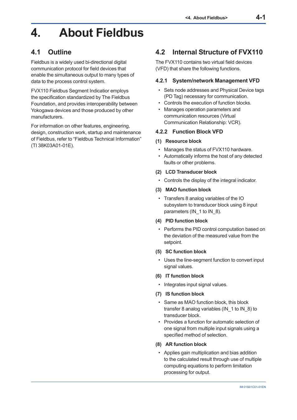 About fieldbus, 1 outline, 2 internal structure of fvx110 | 1 system/network management vfd, 2 function block vfd, About fieldbus -1, Outline -1, Internal structure of fvx110 -1 4.2.1, System/network management vfd -1, Function block vfd -1 | Yokogawa FVX110 User Manual | Page 26 / 164