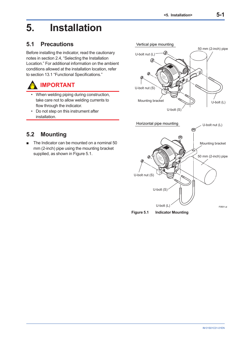 Installation, 1 precautions, 2 mounting | Installation -1, Precautions -1, Mounting -1, Important | Yokogawa FVX110 User Manual | Page 28 / 164
