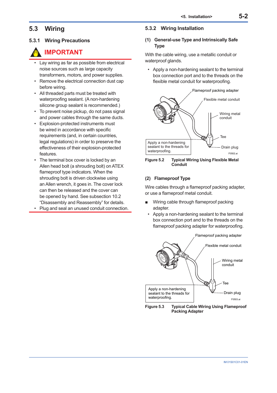3 wiring, 1 wiring precautions, 2 wiring installation | Wiring -2 5.3.1, Wiring precautions -2, Wiring installation -2, Important | Yokogawa FVX110 User Manual | Page 29 / 164