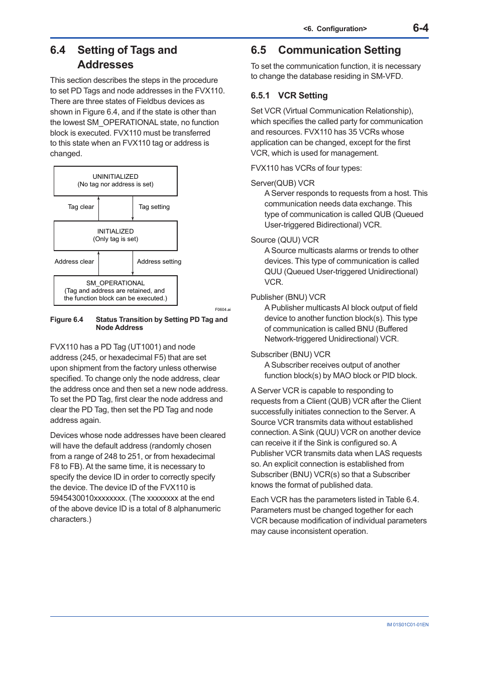 4 setting of tags and addresses, 5 communication setting, 1 vcr setting | Setting of tags and addresses -4, Communication setting -4 6.5.1, Vcr setting -4 | Yokogawa FVX110 User Manual | Page 37 / 164