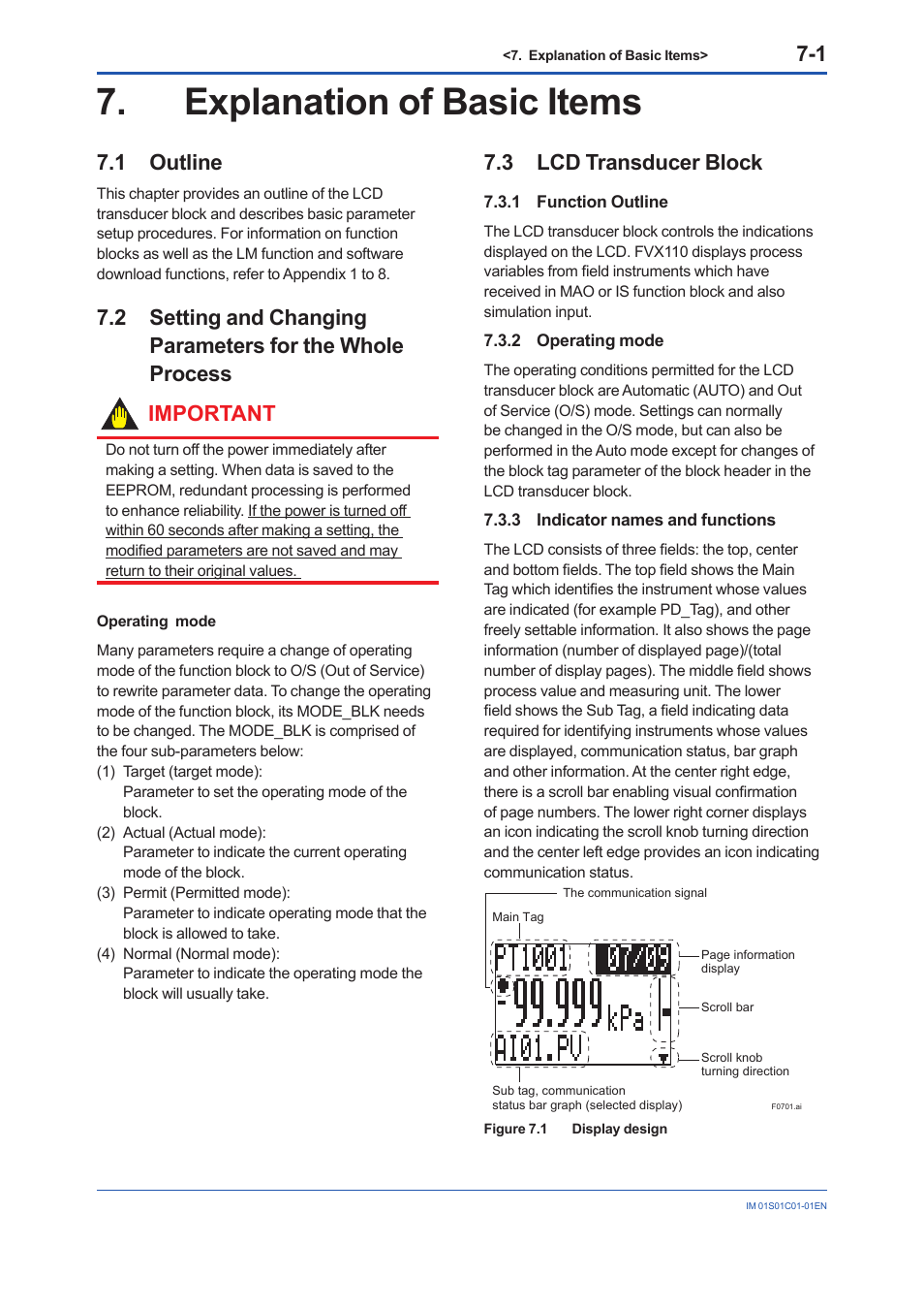 Explanation of basic items, 1 outline, 3 lcd transducer block | 1 function outline, 2 operating mode, 3 indicator names and functions, Explanation of basic items -1, Outline -1, Lcd transducer block -1 7.3.1, Function outline -1 | Yokogawa FVX110 User Manual | Page 44 / 164