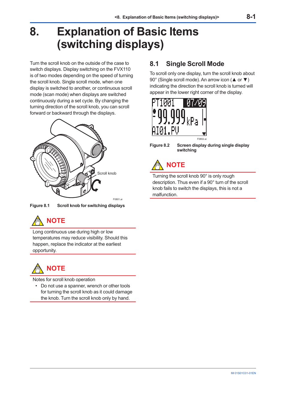 Explanation of basic items (switching displays), 1 single scroll mode, Explanation of basic items (switching displays) -1 | Single scroll mode -1 | Yokogawa FVX110 User Manual | Page 62 / 164