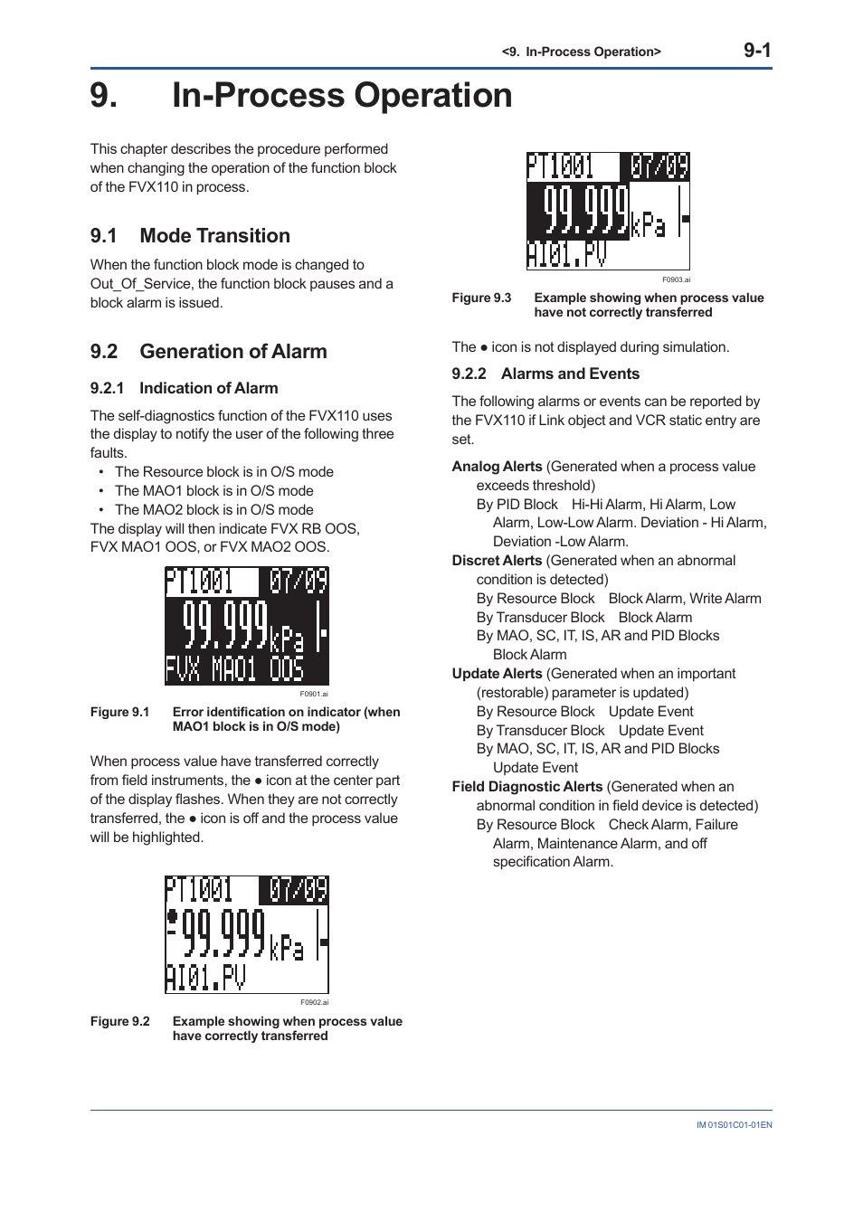 In-process operation, 1 mode transition, 2 generation of alarm | 1 indication of alarm, 2 alarms and events, In-process operation -1, Mode transition -1, Generation of alarm -1 9.2.1, Indication of alarm -1, Alarms and events -1 | Yokogawa FVX110 User Manual | Page 64 / 164