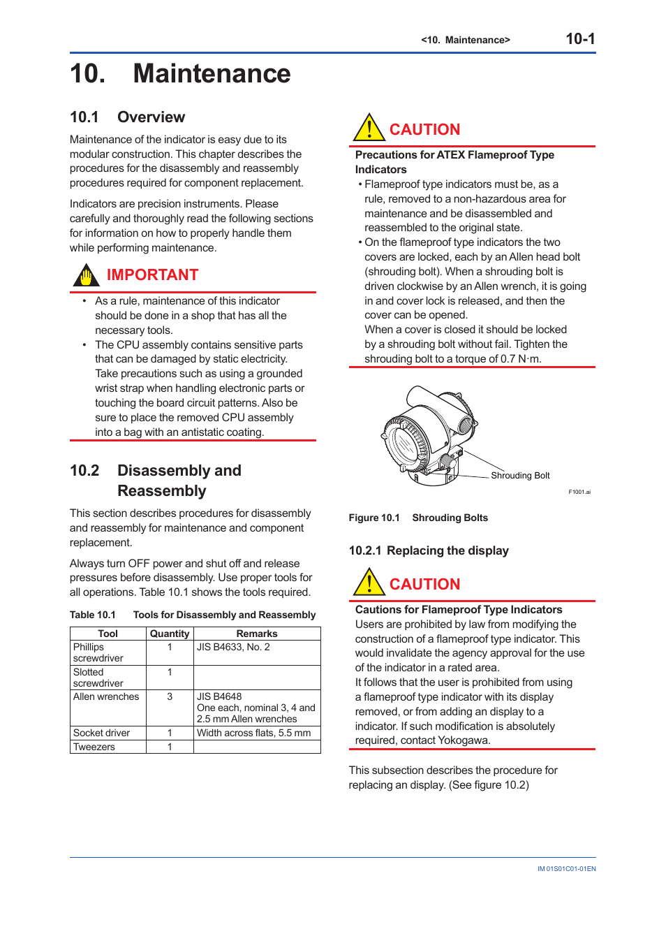 Maintenance, 1 overview, 2 disassembly and reassembly | 1 replacing the display, Maintenance -1, Overview -1, Disassembly and reassembly -1 10.2.1, Replacing the display -1, Important, Caution | Yokogawa FVX110 User Manual | Page 69 / 164