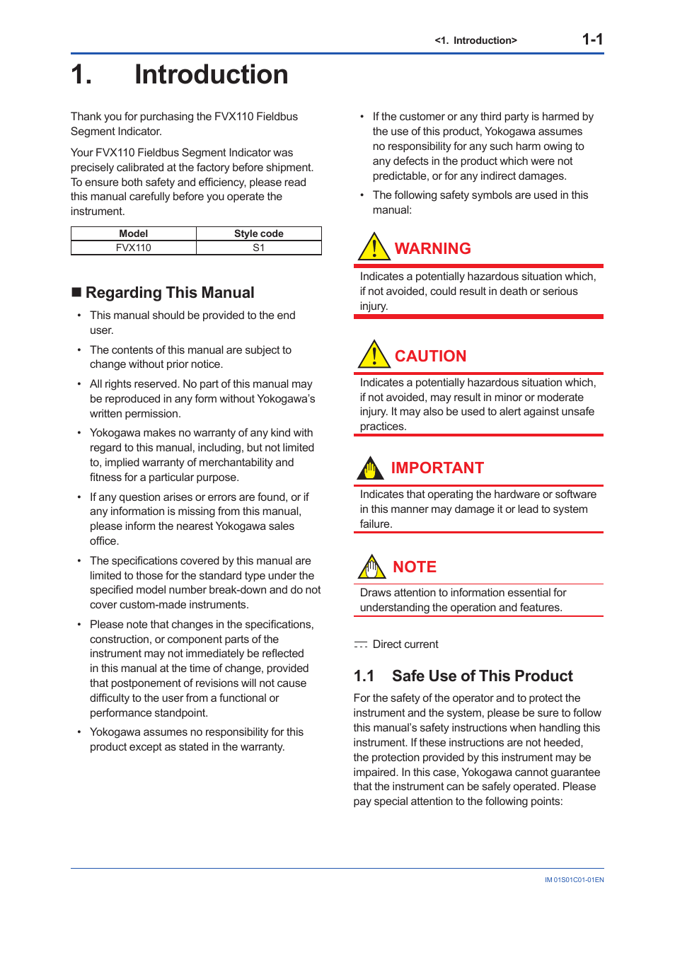 Introduction, Regarding this manual, 1 safe use of this product | Introduction -1, Regarding this manual -1, Safe use of this product -1, Warning, Caution, Important | Yokogawa FVX110 User Manual | Page 8 / 164