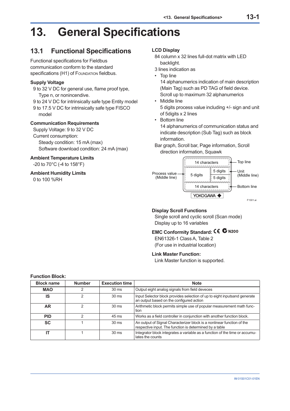 General specifications, 1 functional specifications, General specifications -1 | Functional specifications -1 | Yokogawa FVX110 User Manual | Page 85 / 164