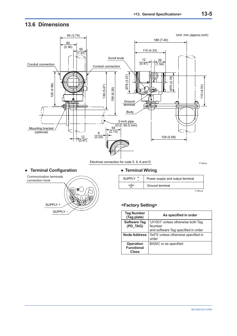 6 dimensions, Dimensions -5, Terminal configuration ● terminal wiring | Factory setting | Yokogawa FVX110 User Manual | Page 89 / 164