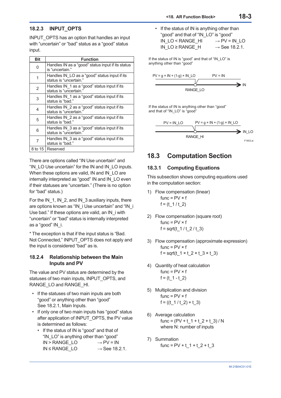 3 input_opts, 4 relationship between the main inputs and pv, 3 computation section | 1 computing equations, Input_opts -3, Relationship between the main inputs and pv -3, Computation section -3 18.3.1, Computing equations -3 | Yokogawa YVP110 User Manual | Page 102 / 161